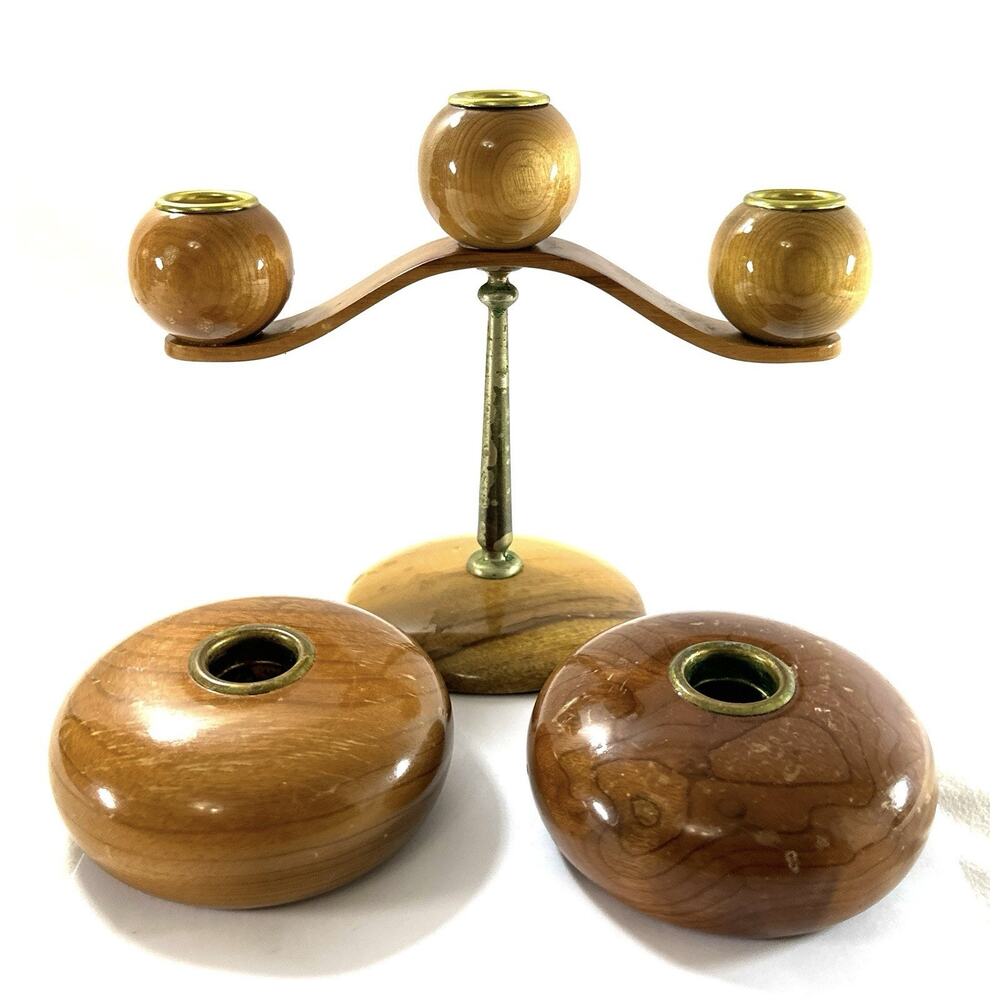 MCM Myrtlewood Candle Holder Set Oregon Myrtle Craft Studios 3 Arm + 2 Single - Picture 3 of 9
